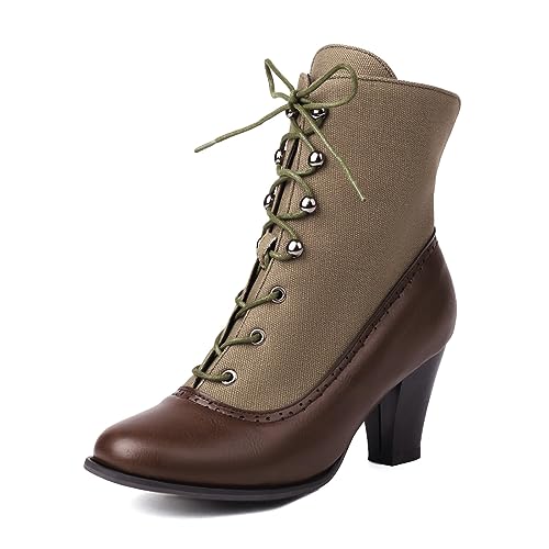 CouieCuies Schnüren Stiefeletten Für Damen Retro Klobig Blockabsatz Kampfstiefel Mit Absatz Farbblock Kurze Stiefeletten Schnürstiefel Damen von CouieCuies