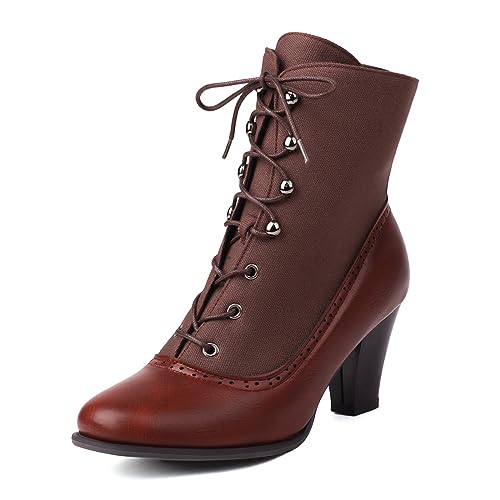 CouieCuies Schnüren Stiefeletten Für Damen Retro Klobig Blockabsatz Kampfstiefel Mit Absatz Farbblock Kurze Stiefeletten Schnürstiefel Damen von CouieCuies