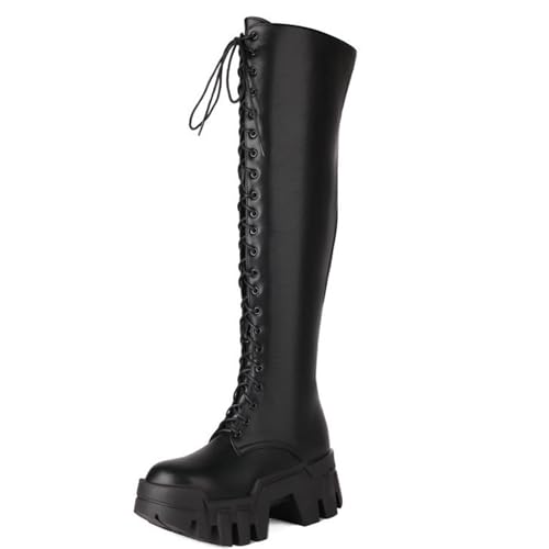 CouieCuies Schwarz Oberschenkel Hohe Stiefel Für Frauen Plattform Chunky Heels Lace Up Punk Stiefel Side Zipper Lug Sole Walking Boots von CouieCuies