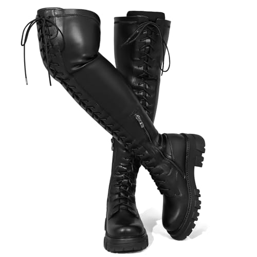 CouieCuies Schwarze Over knee Stiefel for Damen Platform Schnürstiefel Thigh High Stiefel Comfortable Stretch Boots Langschaft von CouieCuies