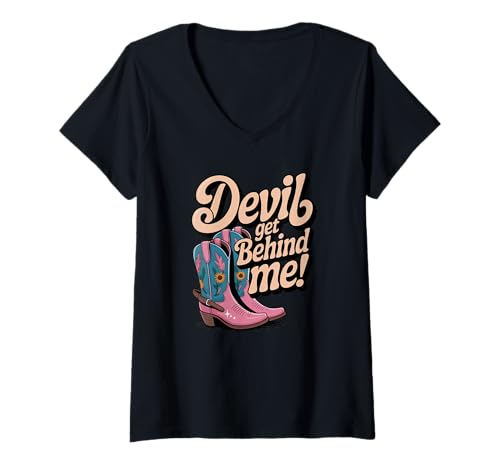 Damen Devil Get Behind Me/Cowboystiefel T-Shirt mit V-Ausschnitt Damen Devil Get Behind Me/Cowboystiefel T-Shirt mit V-Ausschnitt von Country Christian Designs
