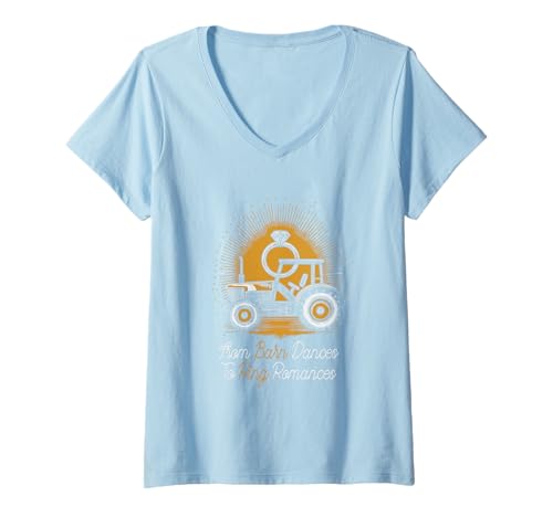 Damen Von Scheunentänzen bis hin zu Ringromanzen Cowboy Cowgirl Tractor T-Shirt mit V-Ausschnitt von Country Couples Tractor Engagement Ring Barn Love