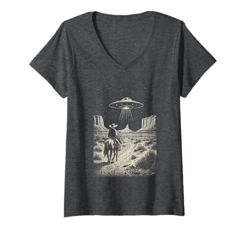 Damen Cowboy UFO Alien Encounter Pferd Retro Western Desert T-Shirt mit V-Ausschnitt von Country Cowboy UFO Alien Co.