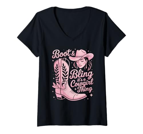 Damen Lustige Western Cowgirl Bling Pink Stiefel Rodeo Damen Herren T-Shirt mit V-Ausschnitt Damen Lustige Western Cowgirl Bling Pink Stiefel Rodeo Damen Herren T-Shirt mit V-Ausschnitt von Country Girl Style Rodeo Cowgirl Fashion Outfit