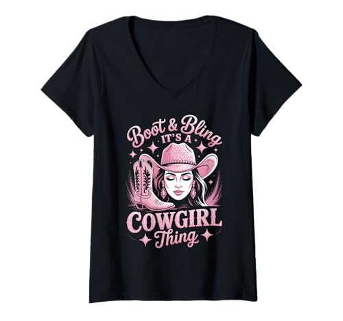 Damen Lustige Western Cowgirl Bling Pink Stiefel Rodeo Damen Herren T-Shirt mit V-Ausschnitt Damen Lustige Western Cowgirl Bling Pink Stiefel Rodeo Damen Herren T-Shirt mit V-Ausschnitt von Country Girl Style Rodeo Cowgirl Fashion Outfit