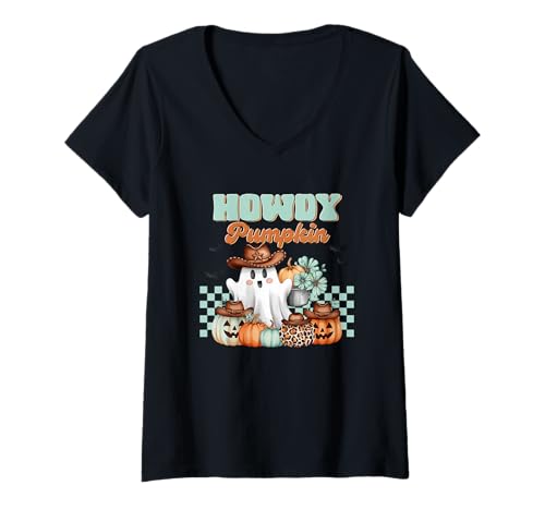 Damen Motiv „Howdy Pumpkin Ghost and Pumpkins“ T-Shirt mit V-Ausschnitt Damen Motiv „Howdy Pumpkin Ghost and Pumpkins“ T-Shirt mit V-Ausschnitt von Country Halloween Ghost Cowboy Vibes