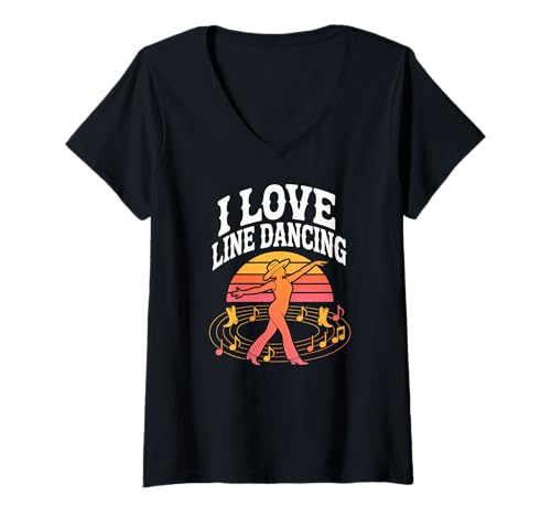 Damen Ich liebe Line Dancing Retro-Country-Musik-Vibes T-Shirt mit V-Ausschnitt von Country Western Line Dance Enthusiasts Apparel