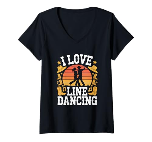 Damen I Love Line Tanzender Cowboyhut Stiefel T-Shirt mit V-Ausschnitt von Country Western Line Dance Fun