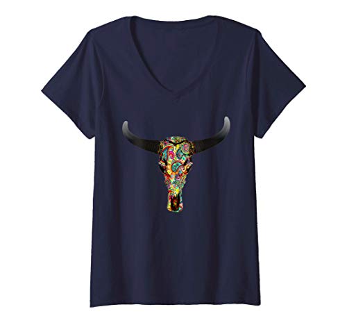 Damen Country Western Paisley Muster Bull Motiv T-Shirt mit V-Ausschnitt Damen Country Western Paisley Muster Bull Motiv T-Shirt mit V-Ausschnitt von Country Western Paisley Merch