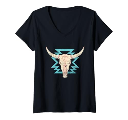Damen Boho Kuh Schädel Stier Frauen Cowgirl Vintage Country Girl T-Shirt mit V-Ausschnitt Damen Boho Kuh Schädel Stier Frauen Cowgirl Vintage Country Girl T-Shirt mit V-Ausschnitt von Country Western Rodeo Clothing Co.