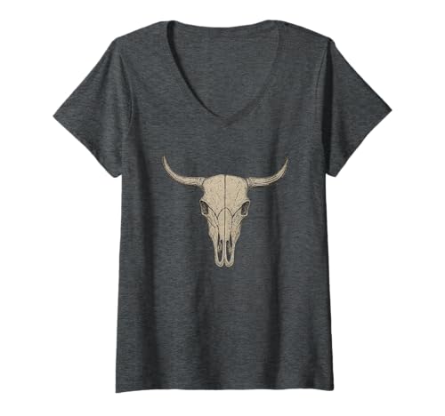Damen Bullenschädel Vintage Western Kuh Totenkopf Cowboy Rodeo T-Shirt mit V-Ausschnitt von Country Western Rodeo Clothing Co.