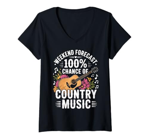 Damen Weekend Forecast 100% Chance of Country Music T-Shirt mit V-Ausschnitt von Country musik Südstaatenmusik Westernmusik