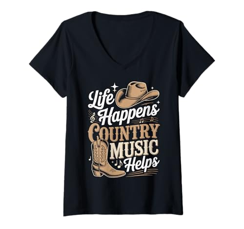 Damen Life Happens Country Music Helps T-Shirt mit V-Ausschnitt Damen Life Happens Country Music Helps T-Shirt mit V-Ausschnitt von Country musik Westliche Musik