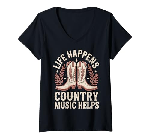 Damen Life Happens Country Music Helps T-Shirt mit V-Ausschnitt von Country musik Westliche Musik