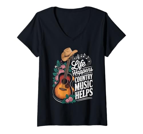 Damen Life Happens Country Music Helps T-Shirt mit V-Ausschnitt von Country musik Westliche Musik