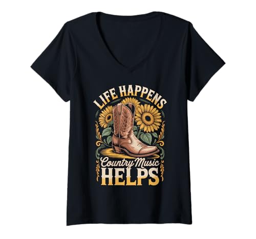 Damen Life Happens Country Music Helps T-Shirt mit V-Ausschnitt von Country musik Westliche Musik