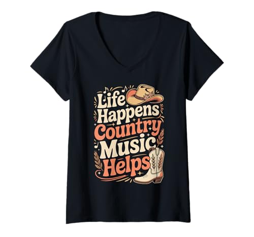 Damen Life Happens Country Music Helps T-Shirt mit V-Ausschnitt Damen Life Happens Country Music Helps T-Shirt mit V-Ausschnitt von Country musik Westliche Musik
