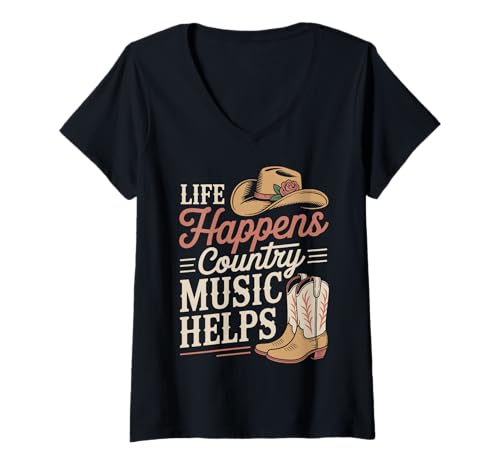 Damen Life Happens Country Music Helps T-Shirt mit V-Ausschnitt Damen Life Happens Country Music Helps T-Shirt mit V-Ausschnitt von Country musik Westliche Musik