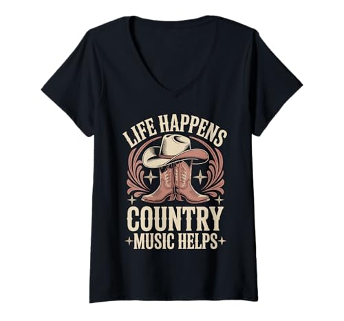 Damen Life Happens Country Music Helps T-Shirt mit V-Ausschnitt Damen Life Happens Country Music Helps T-Shirt mit V-Ausschnitt von Country musik Westliche Musik