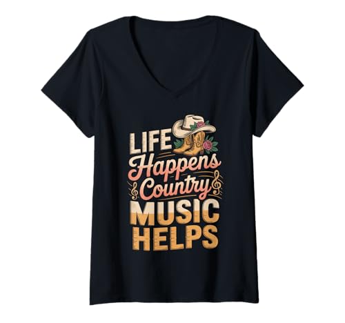 Damen Life Happens Country Music Helps T-Shirt mit V-Ausschnitt Damen Life Happens Country Music Helps T-Shirt mit V-Ausschnitt von Country musik Westliche Musik