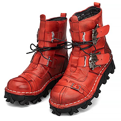 CountryWomen Herren Braun Echtes Leder Militär Armee Stiefel Gothic Schädel Punk Motorrad Stiefel (Rot, numeric_42) von CountryWomen