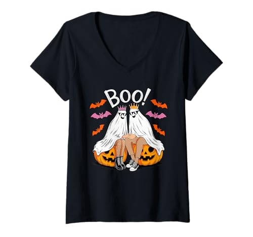 Damen Couple Cosplay Boo Ghosts Sunglasses Halloween Funny Party T-Shirt mit V-Ausschnitt von Couple Halloween Costume