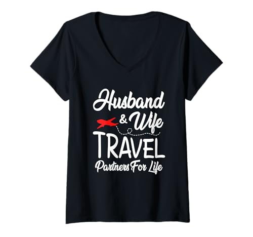 Damen Passendes Hemd für Paar, Ehemann und Ehefrau, Travel Partners Life T-Shirt mit V-Ausschnitt von Couple Husband Wife Matching Outfits Travel