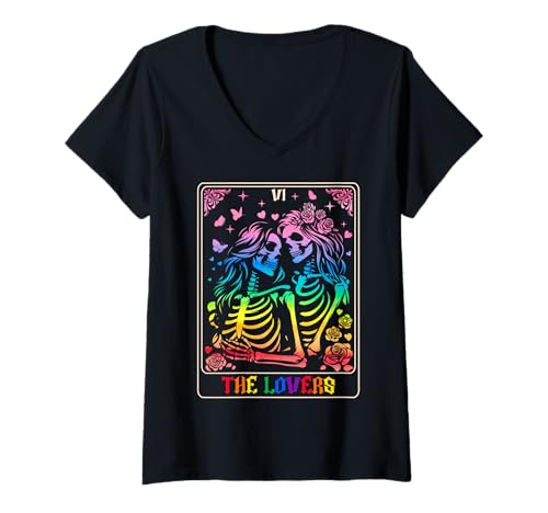 Damen The Lovers Tarot Card Goth Kissing Lesbian Skeletons Rainbow T-Shirt mit V-Ausschnitt Damen The Lovers Tarot Card Goth Kissing Lesbian Skeletons Rainbow T-Shirt mit V-Ausschnitt von Couple LGBTQ Pride Valentine Halloween Costume Set