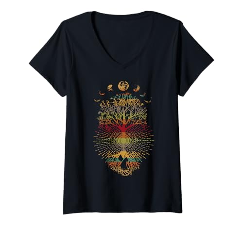 Damen Phases of the Moon Retro 60er 70er Jahre Vibe Tree of Life T-Shirt mit V-Ausschnitt Damen Phases of the Moon Retro 60er 70er Jahre Vibe Tree of Life T-Shirt mit V-Ausschnitt von Couples Matching Tree Holding Hands Hippie