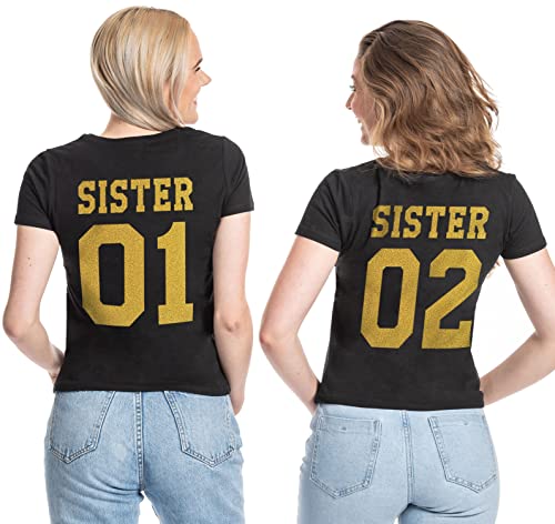 Best Friends Damen T-Shirt Sister Logo BFF Beste Freunde - 1x Sister 01 Gold-Schwarz S von Couples Shop