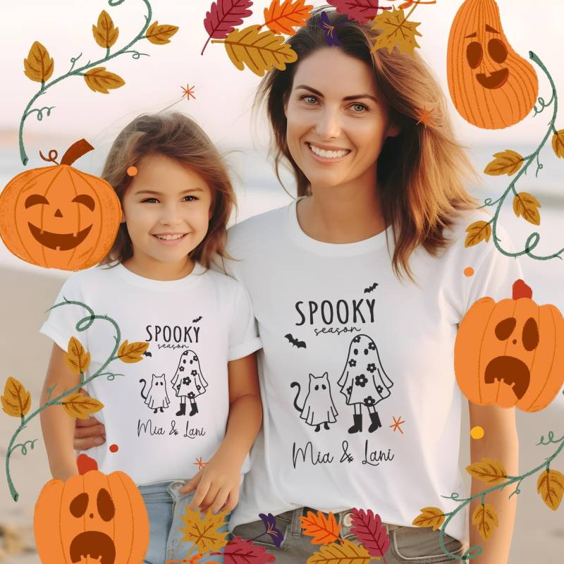 Personalisiertes Halloween Shirt Für Kinder Erwachsene Babys Mama Kind Partnerlook T-Shirt Kita Geist Katze von CourageforKindness