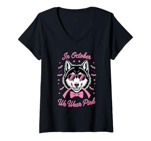 Damen Im Oktober tragen wir Pink Breast Cancer Awareness Warrior T-Shirt mit V-Ausschnitt Damen Im Oktober tragen wir Pink Breast Cancer Awareness Warrior T-Shirt mit V-Ausschnitt von Courageous Hearts Breast Cancer Awareness Support