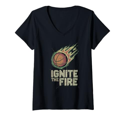 Damen Ignite the Fire Basketball Flame Motivierende Sport-Grafik T-Shirt mit V-Ausschnitt Damen Ignite the Fire Basketball Flame Motivierende Sport-Grafik T-Shirt mit V-Ausschnitt von CourtSpark