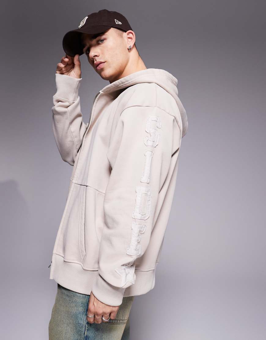 Courtside - Kapuzenjacke aus 450 g/m² schwerem Material in Creme mit durchgehendem Reißverschluss und Kontrast-Logo am Ärmel-Weiß von Courtside