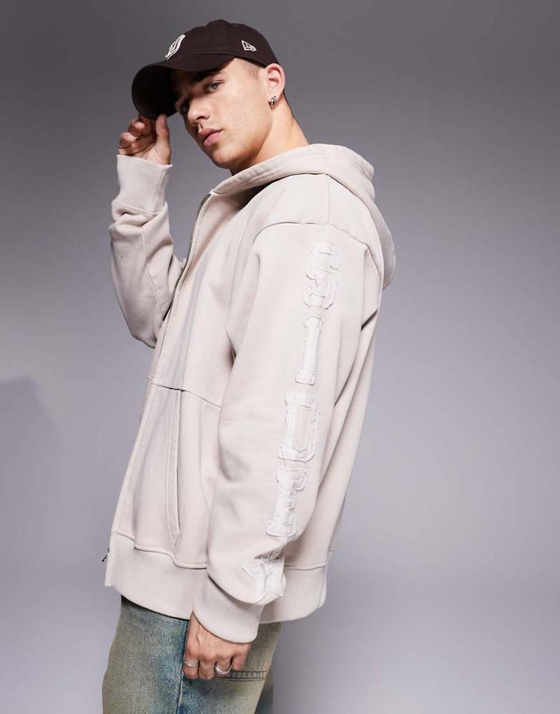 Courtside - Kapuzenjacke aus 450 g/m² schwerem Material in Creme mit durchgehendem Reißverschluss und Kontrast-Logo am Ärmel-Weiß von Courtside