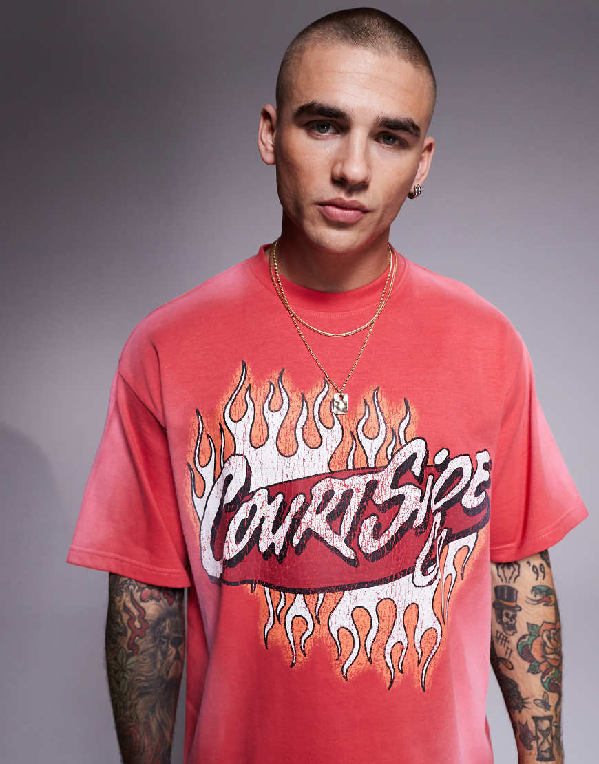 Courtside - Oversize-T-Shirt in Rot aus 250 g schwerem Material mit kontrastierendem Logo von Courtside