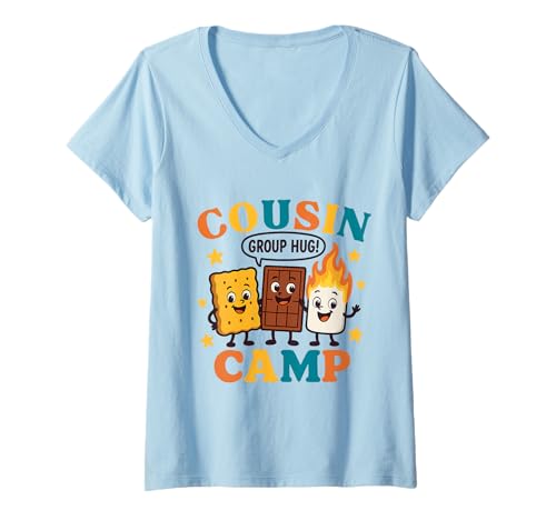 Damen Cousin Camp Group Hug Familientreffen Campingausflug T-Shirt mit V-Ausschnitt Damen Cousin Camp Group Hug Familientreffen Campingausflug T-Shirt mit V-Ausschnitt von Cousin Campfire Reunion Fun Crew Kids Trip