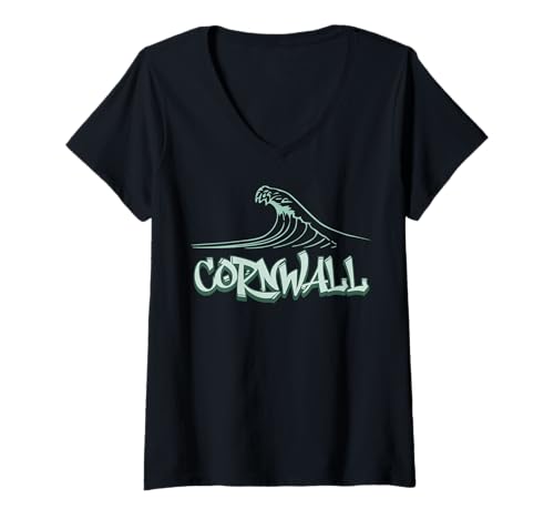 Damen Cornwall Wave s Surf Beach und Cornwall Wave — Sommertrip nach Cornwall T-Shirt mit V-Ausschnitt von Cousin Jack's Cornwall T shirt Design Co.