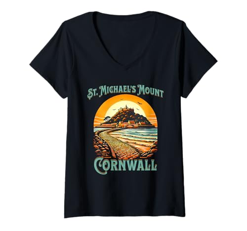 Damen St. Michael's Mount, Cornwall, Großbritannien, das kornische Urlaubs-Souvenir T-Shirt mit V-Ausschnitt von Cousin Jack's Cornwall T shirt Design Co.