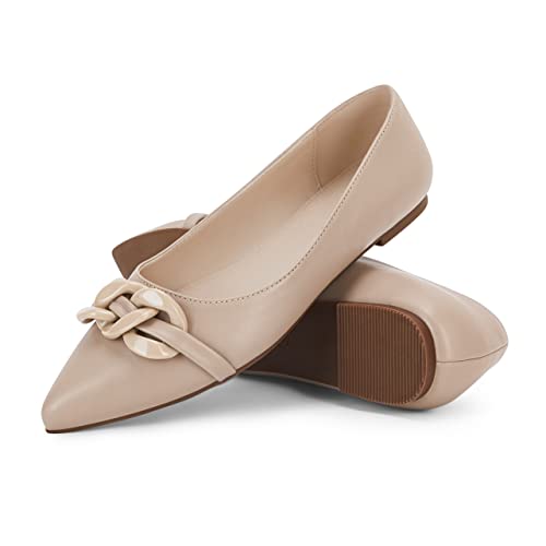 Coutgo Damen-Ballerinas, Kette, spitzer Zehenbereich, Slipper, flache Schuhe für Damen, elegante bequeme Loafers, Hautfarben, 40 EU von Coutgo