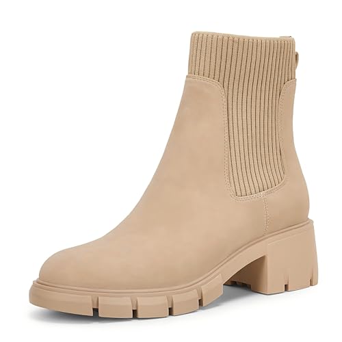 Coutgo Damen Chelsea Plateau Stiefel mit Elastischem Einstieg Chunky Blockabsatz Profilsohle Stiefeletten Ankle Booties Beige 85 von Coutgo