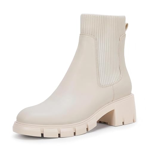 Coutgo Damen Chelsea Plateau Stiefel mit Elastischem Einstieg Chunky Blockabsatz Profilsohle Stiefeletten Ankle Booties Reisweiß 85 von Coutgo