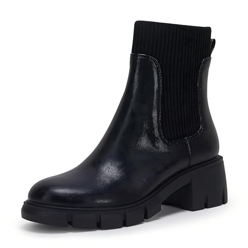 Coutgo Damen Chelsea Plateau Stiefel mit Elastischem Einstieg Chunky Blockabsatz Profilsohle Stiefeletten Ankle Booties Schwarz 85 von Coutgo