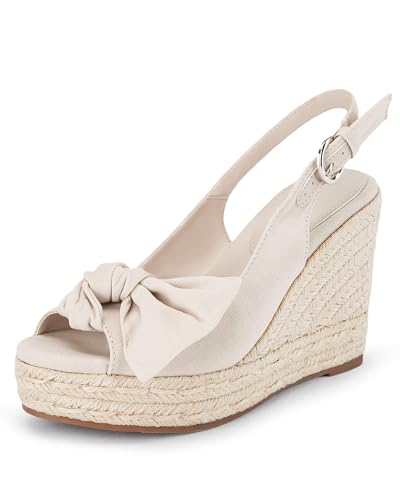 Coutgo Damen Espadrille Keilsandalen Peep Toe Slingback Plateau Seite Bowknot Freizeitschuhe, Beige, 37.5 EU, H4D308MS65 von Coutgo