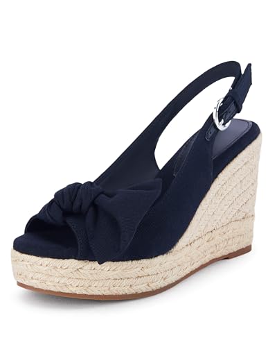 Coutgo Damen Espadrille Keilsandalen Peep Toe Slingback Plateau Seite Bowknot Freizeitschuhe, Marineblau, 42 EU von Coutgo