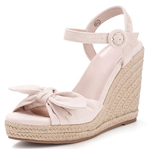 Coutgo Damen-Espadrilles mit Keilabsatz, Plateau-Sandalen, offene Zehenpartie, Knöchelriemen, Sommerkleid, Absatzschuhe, niedliche Schuhe, Hautfarben, 37.5 EU von Coutgo