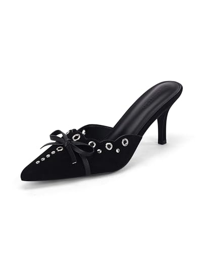 Coutgo Damen Fliege Mule Heels Spitze Zehen Nieten Rückenfrei Stilettos Slip On Kleid Pumps Schuhe, Schwarz, 39 EU von Coutgo