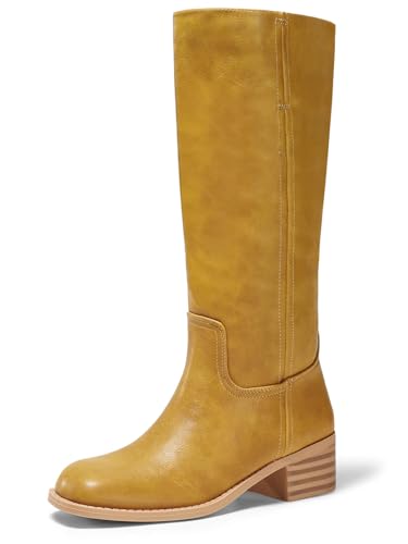 Coutgo Damen Kniehohe Stiefel Quadratische Zehe Chunky Blockabsatz Hohe Stiefel Bequeme Niedrige Ferse Schuhe, Bananengelb, 39 EU von Coutgo