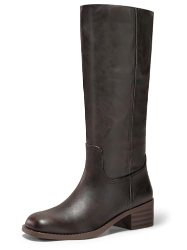 Coutgo Damen Kniehohe Stiefel Quadratische Zehe Chunky Blockabsatz Hohe Stiefel Bequeme Niedrige Ferse Schuhe, Blackish Brown, 42 EU von Coutgo