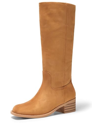 Coutgo Damen Kniehohe Stiefel Quadratische Zehe Chunky Blockabsatz Hohe Stiefel Bequeme Niedrige Ferse Schuhe, Braun Wildleder, 37 EU von Coutgo